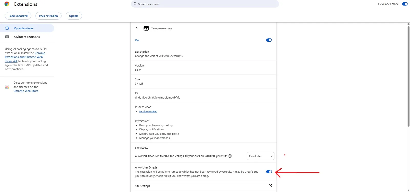 Tampermonkey extension details showing Allow User Scripts enabled