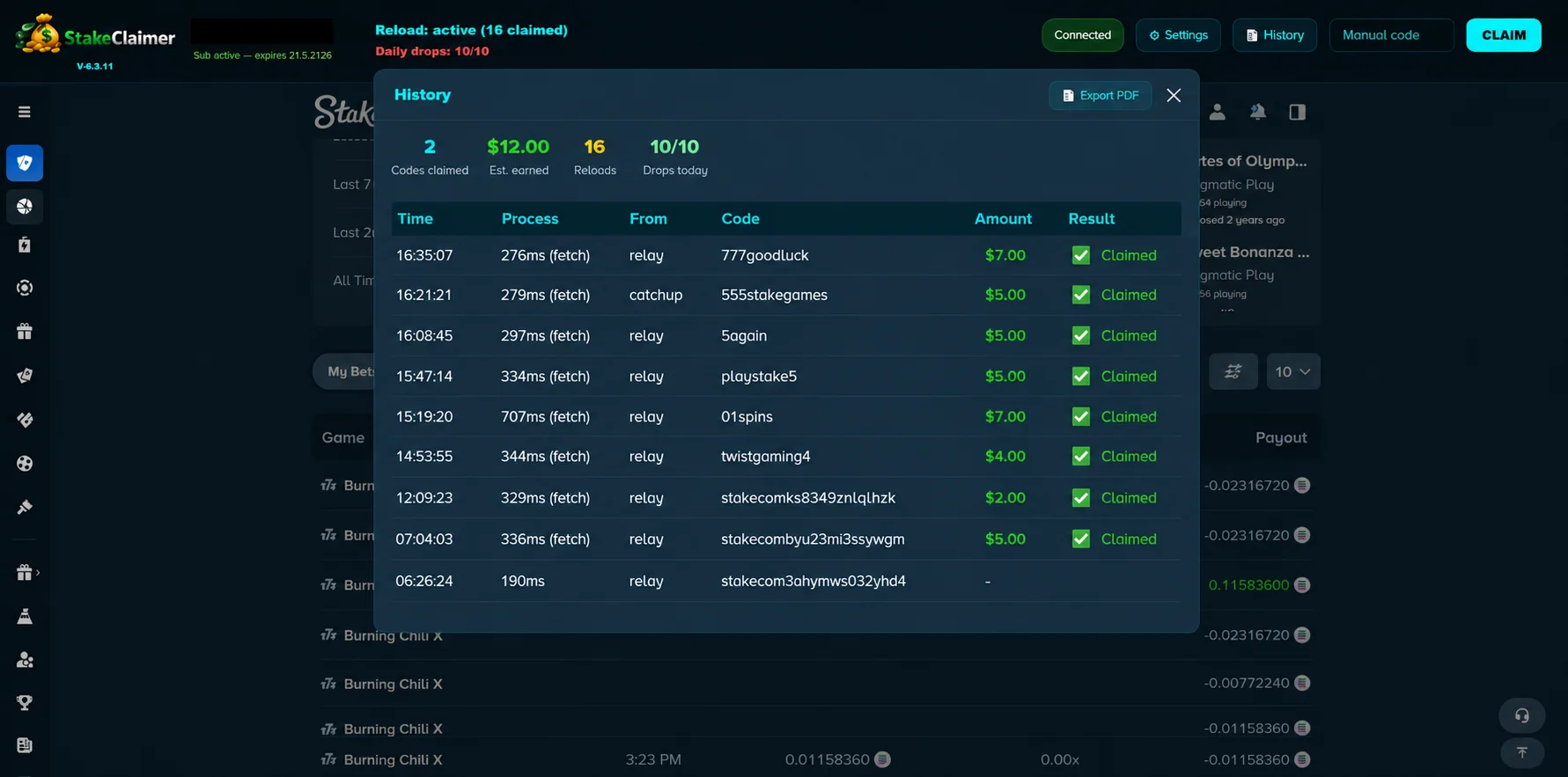 StakeClaimer Saturday claim history screenshot